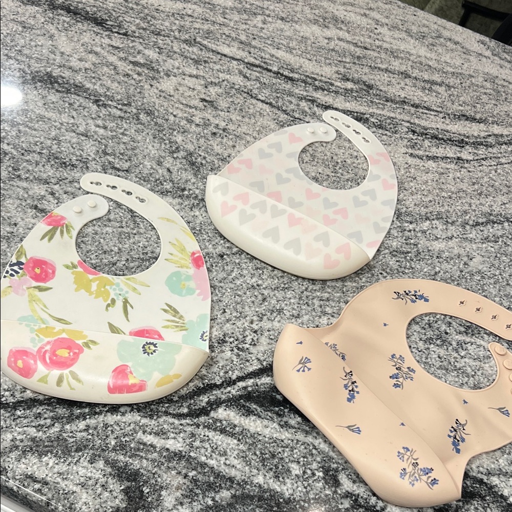 Cloud Island Floral and Heart Silicone Bib Trio